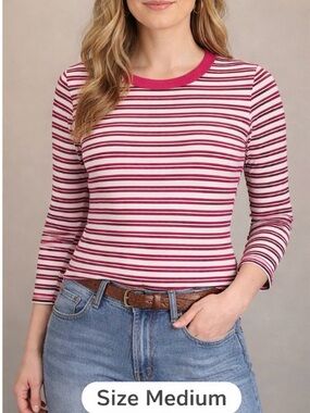 Gap Striped Pink Crewneck Long-Sleeve Top Women Size Medium Pink/Black/White